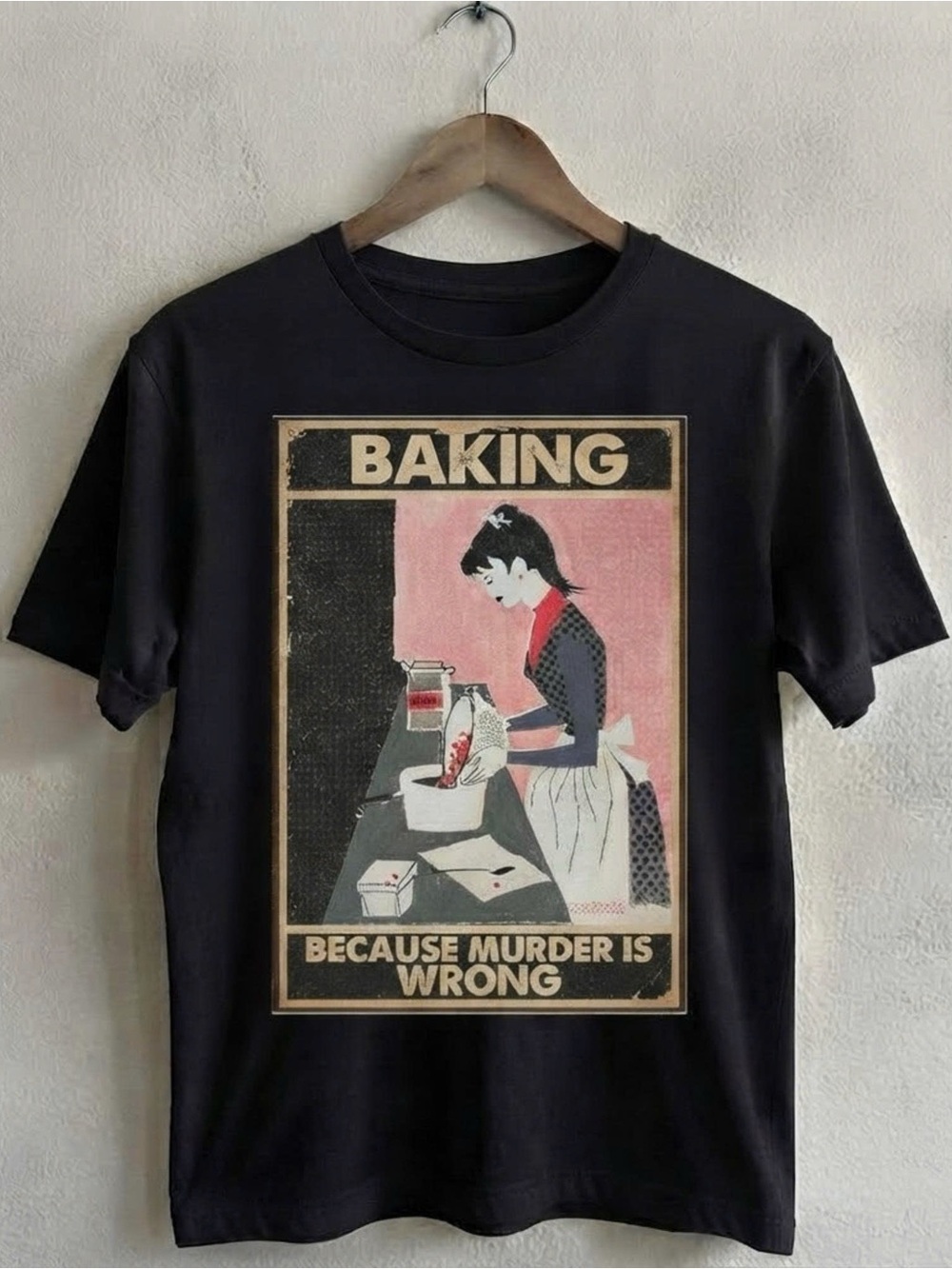 Black Graphic Tee with Vintage 'Baking' Poster